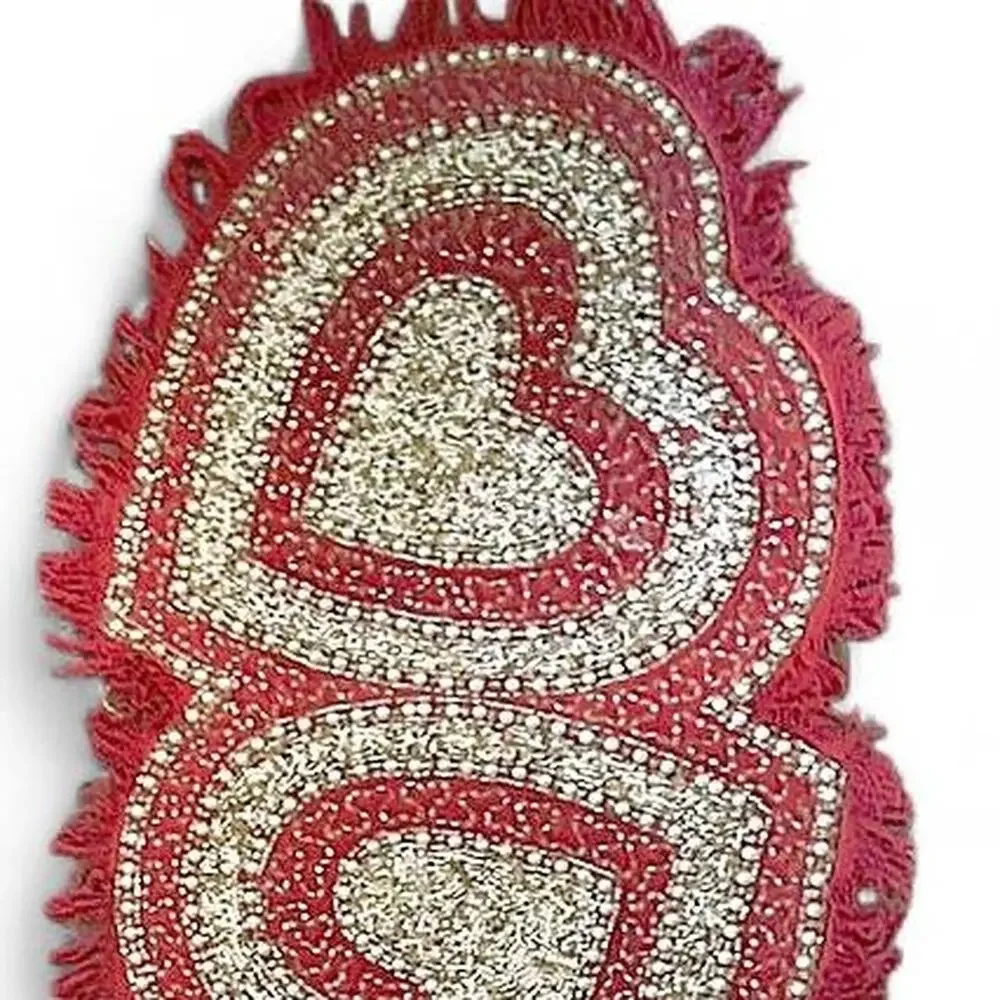 Cynthia Rowley White Red Silver Sequin Pearl Rhinestone Hearts Table Runner 35”